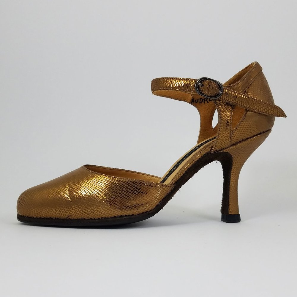 Arika Nerguiz 7.5/8 ankle strap gold leather dance /character shoes rubber soles - Picture 8 of 14